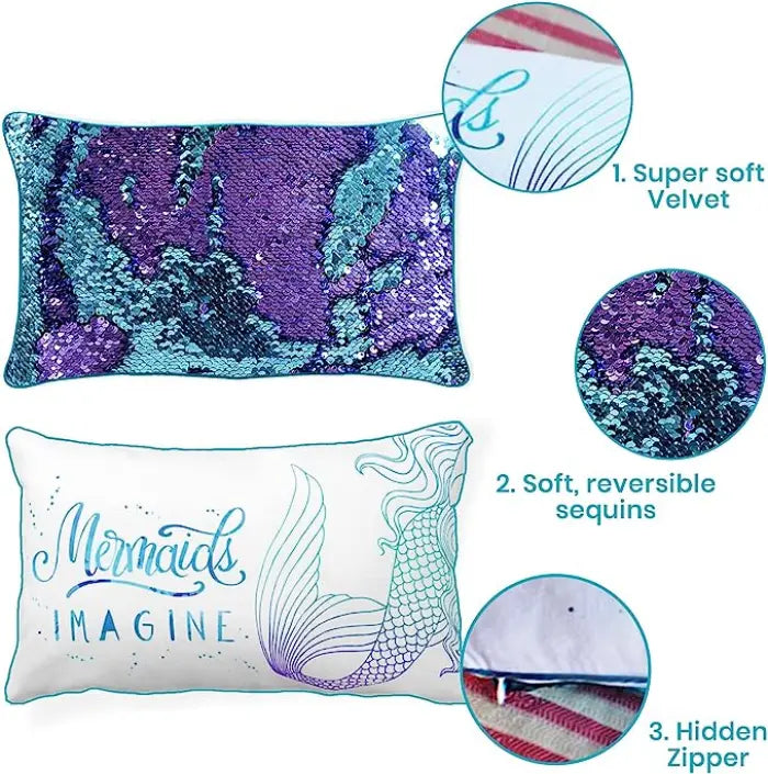 Sequin Reversible Magical Pillow Cover Imagine Mermaids<br><b style="color: #03236a;">JBAU1462</b><br><b style="color: #03236a;">RRP $49.95</b>