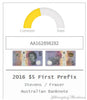 2016 Australian $5 bank note, Stevens/Fraser, FIRST PREFIX AA16<br><b style="color: #03236a;">1-102</b>