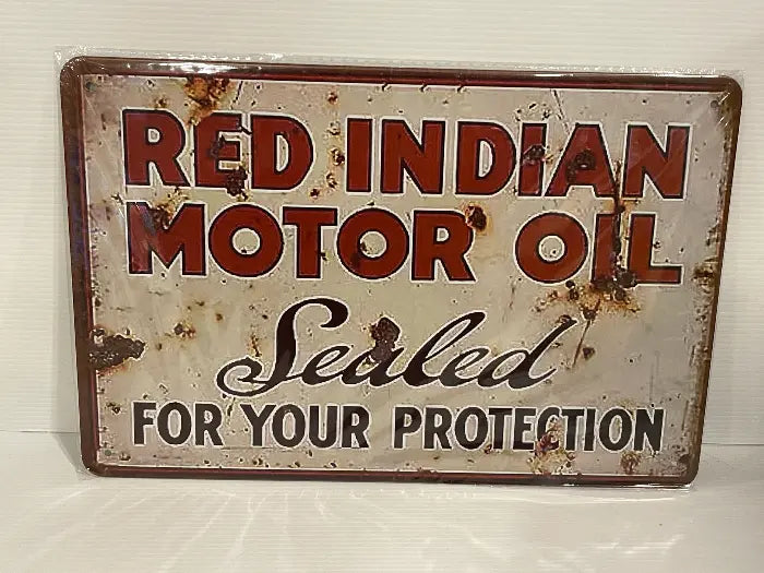Vintage Style Tin Sign Size A4<br><b style="color: #03236a;">JBAU1513</b><br><b style="color: #03236a;">Red Indian Motor Oil</b>