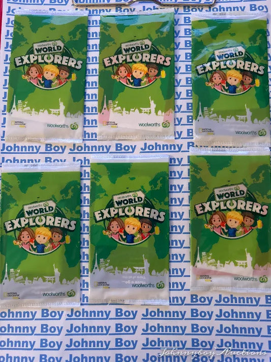Woolworths World Explorers New Sealed Card Packets x 6<br><b style="color: #03236a;">4-545</b>