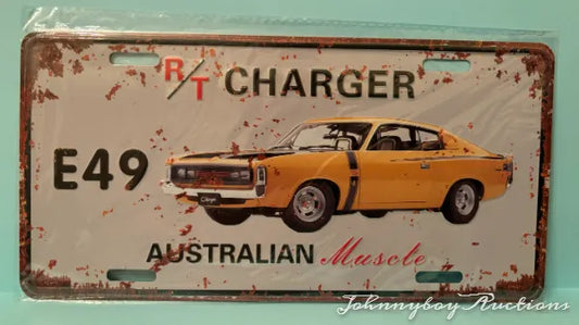 Vintage Style Tin Number Plate Sign ( E49 R/T Charger )<br><b style="color: #03236a;">5-596</b><br><b style="color: #03236a;"> E49 R/T Charger </b>