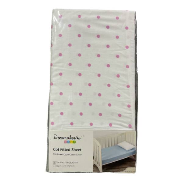 Dreamaker Cot Fitted Sheet Pink Polka Dots<br><br><b style="color: #03236a;">RRP $39.95</b>