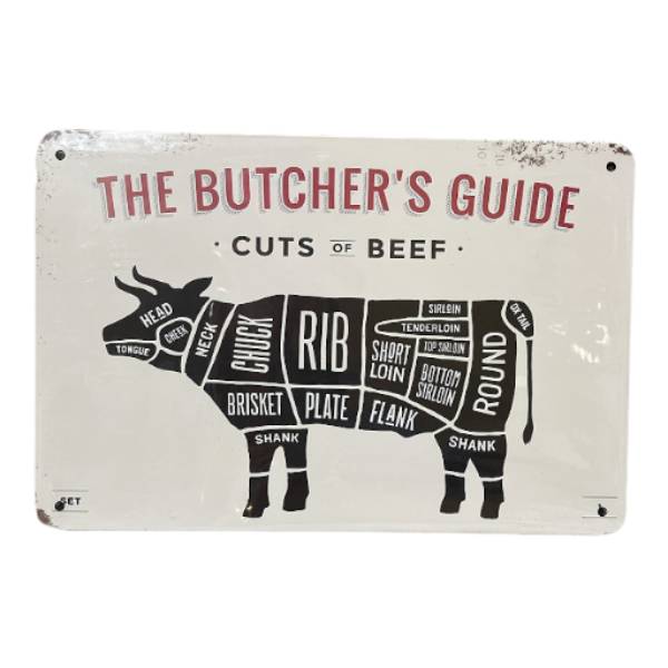 Vintage Style Tin Sign Size A4<br><Br><b style="color: #03236a;">Butcher's Guide</b>