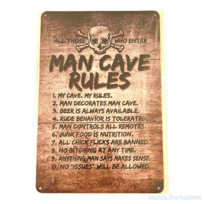 Vintage Style Tin Sign Size A4 <br><Br><b style="color: #03236a;">Man Cave Rules</b>