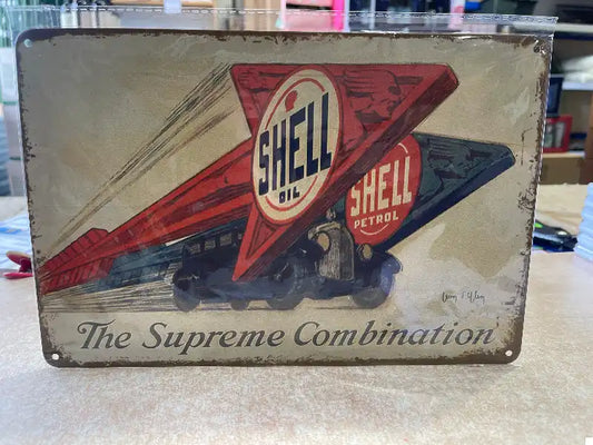 Vintage Style Tin Sign Size A4<br><b style="color: #03236a;">JBAU775</b><Br><b style="color: #03236a;">Shell Oil</b>