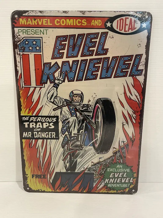 Vintage Style Tin Sign<br><b style="color: #03236a;">JBAU522</b><br><b style="color: #03236a;">Evel Knievel</b>