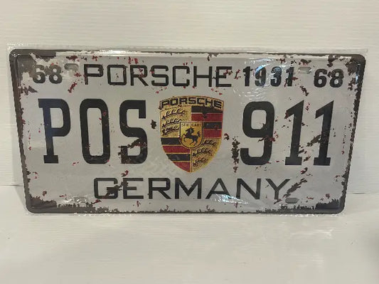 Vintage Style Tin Number Plate Sign<br><b style="color: #03236a;">JBAU665</b><br><b style="color: #03236a;">Porsche</b>