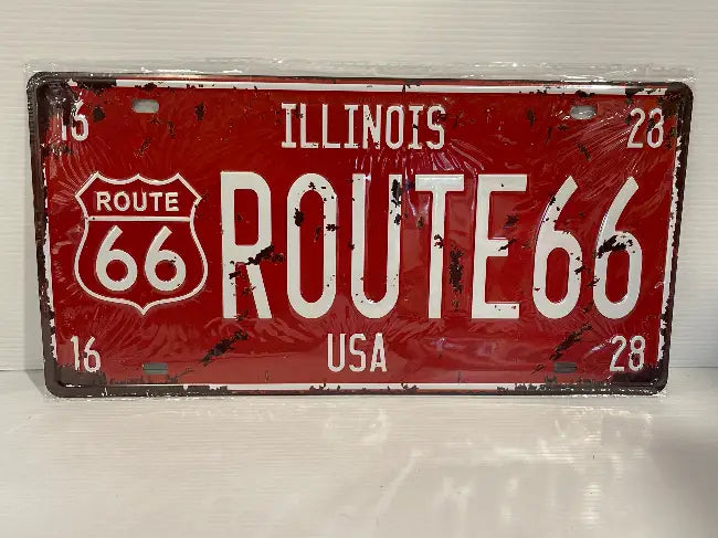 Vintage Style Tin Number Plate Sign<br><b style="color: #03236a;">JBAU838</b><br><b style="color: #03236a;">Route 66</b>