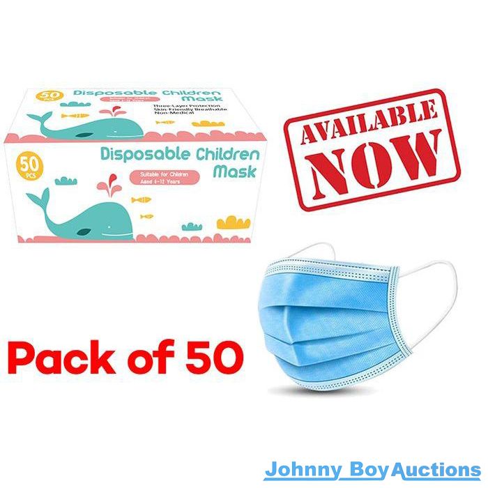 Children's Face Masks Box of 50 Disposable To Suit Kids Ages 1 to 8 years old<br><b style="color: #03236a;">JBAU1018</b><br><b style="color: #03236a;">Face Masks</b>