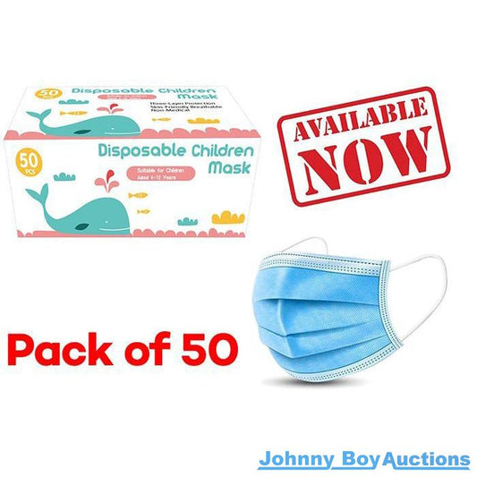 Children's Face Masks Box of 50 Disposable To Suit Kids Ages 1 to 8 years old<br><b style="color: #03236a;">JBAU40</b><br><b style="color: #03236a;">Face Masks</b>